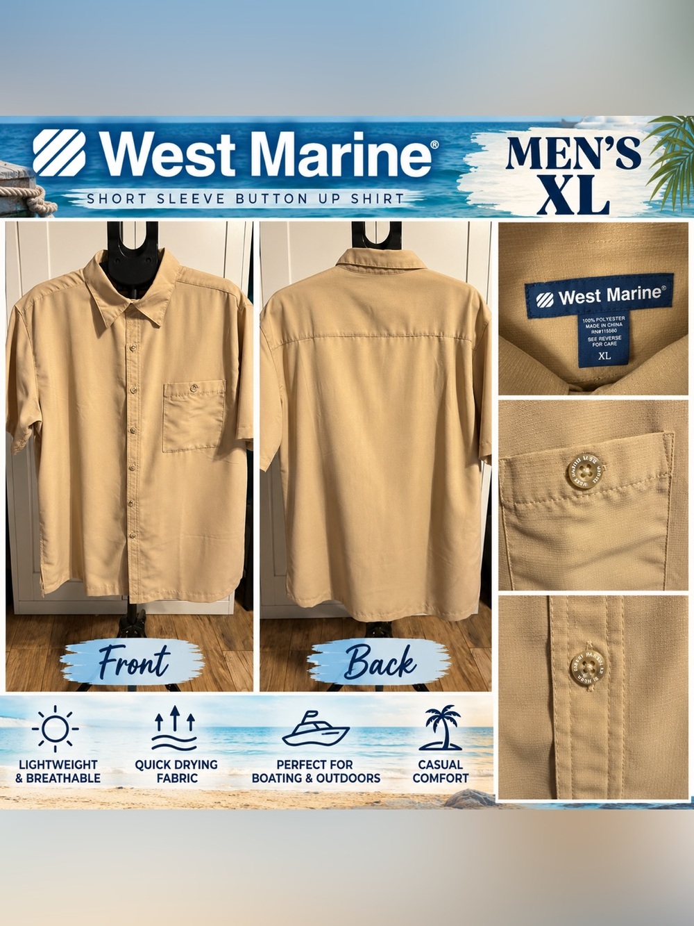 West Marine Men’s Short-Sleeve Button-Down Shirt in Tan - XL